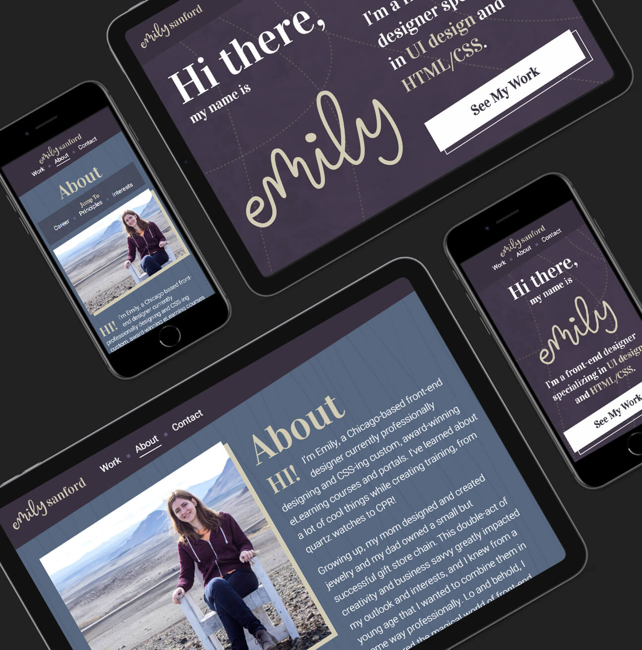 The About and Contact pages of this website displayed on a tablet and phone.